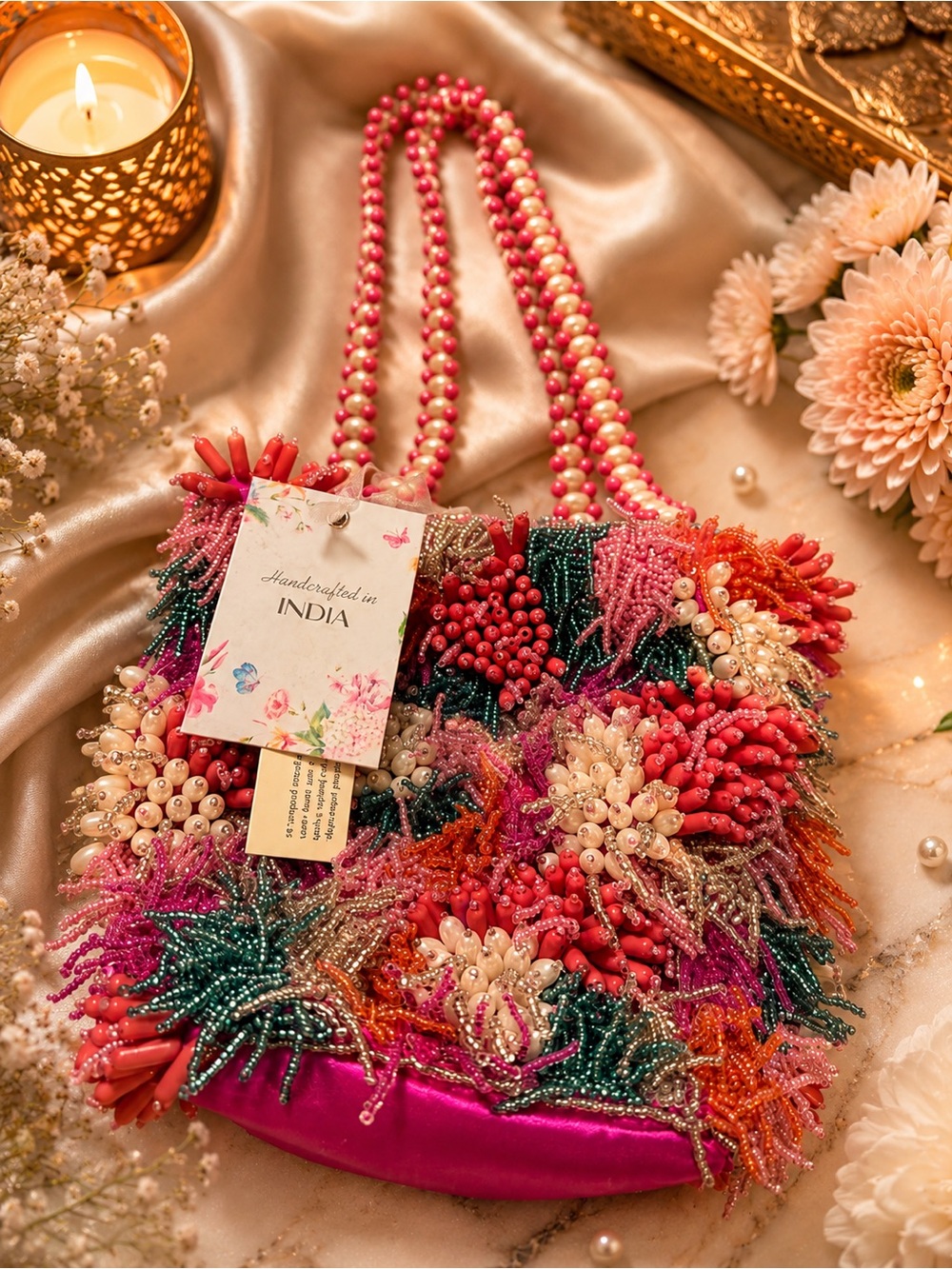 Handcrafted Made in India Coral Reef Beaded Bag – Pink Coral Multicolor
